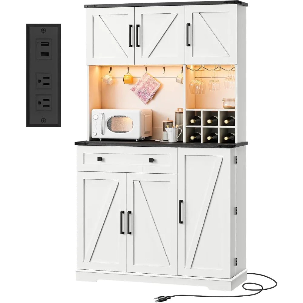 71" Tall Farmhouse Pantry Cabinet with Charging Station & LED Light