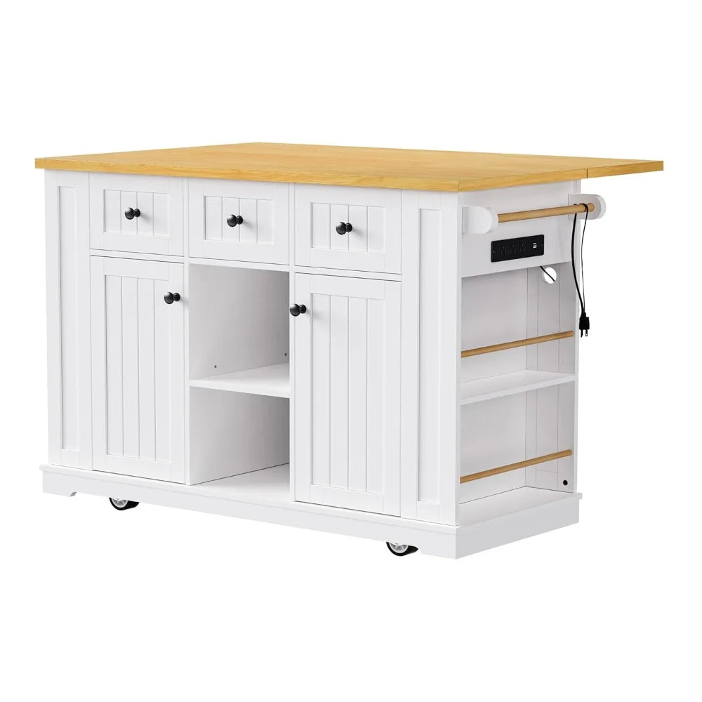 Mobile Farmhouse Kitchen Island with Dining Counter & Power Outlet