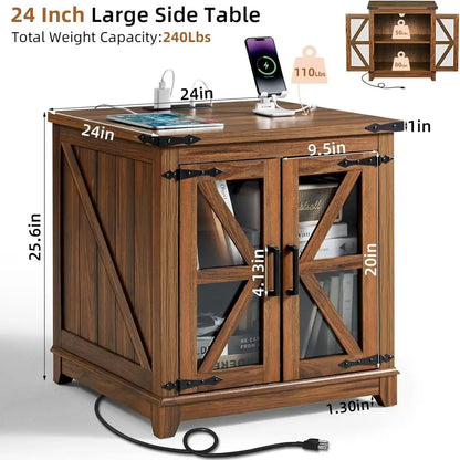 Set of 2 Farmhouse End Tables with Glass Doors