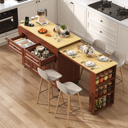 Extendable Kitchen Island with Dining Area & Power Outlet