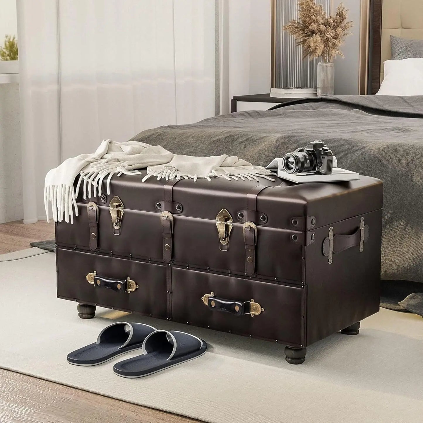 Upholstered Mid-Century Faux Leather Ottoman