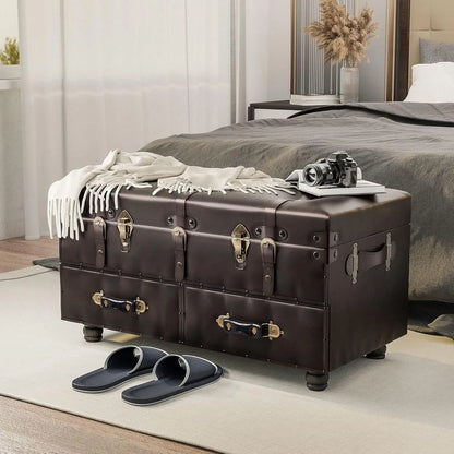 Upholstered Mid-Century Faux Leather Ottoman