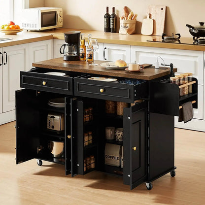 Mobile Kitchen Island with Spice Rack & Power Outlet
