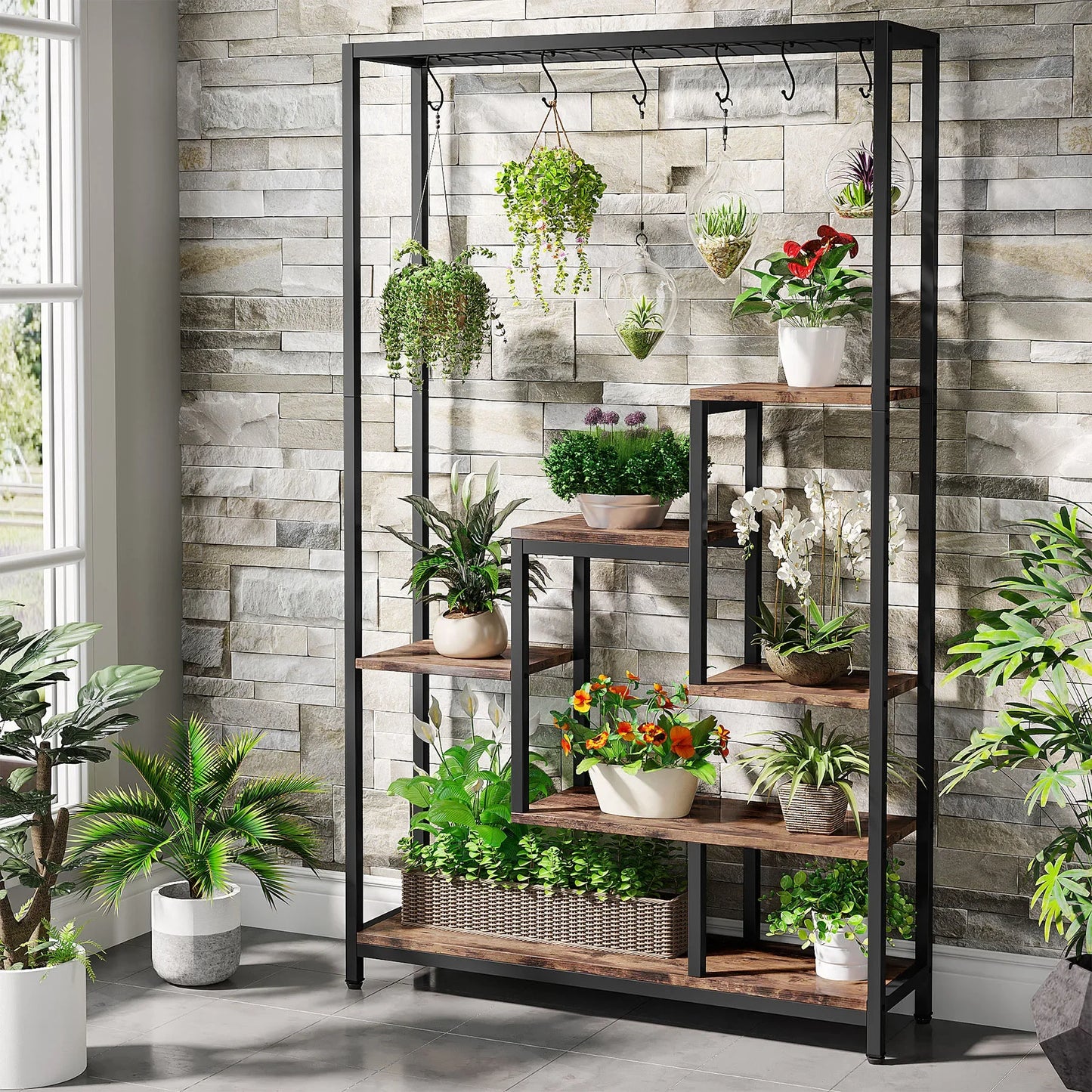 71" Tall, Indoor, Outdoor Plant Stand with Hanging Hooks