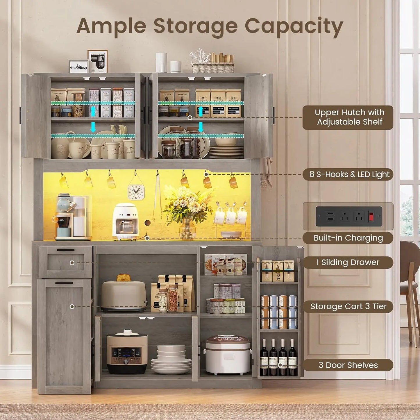 Kitchen Pantry Cabinet with Charging Station & LED Light