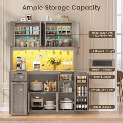 Kitchen Pantry Cabinet with Charging Station & LED Light