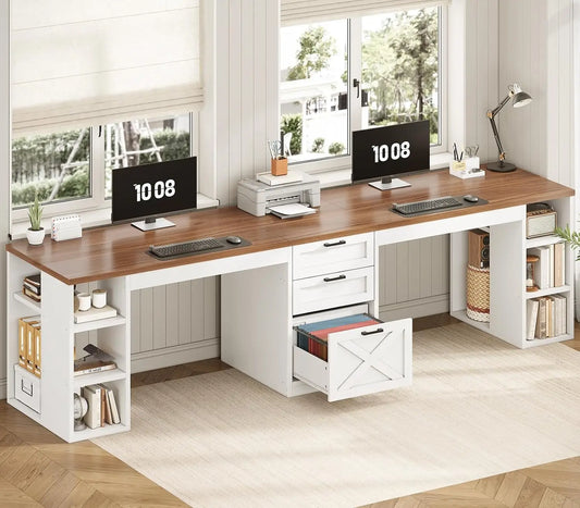 Farmhouse Home Office Desk with Drawers & Storage Shelves