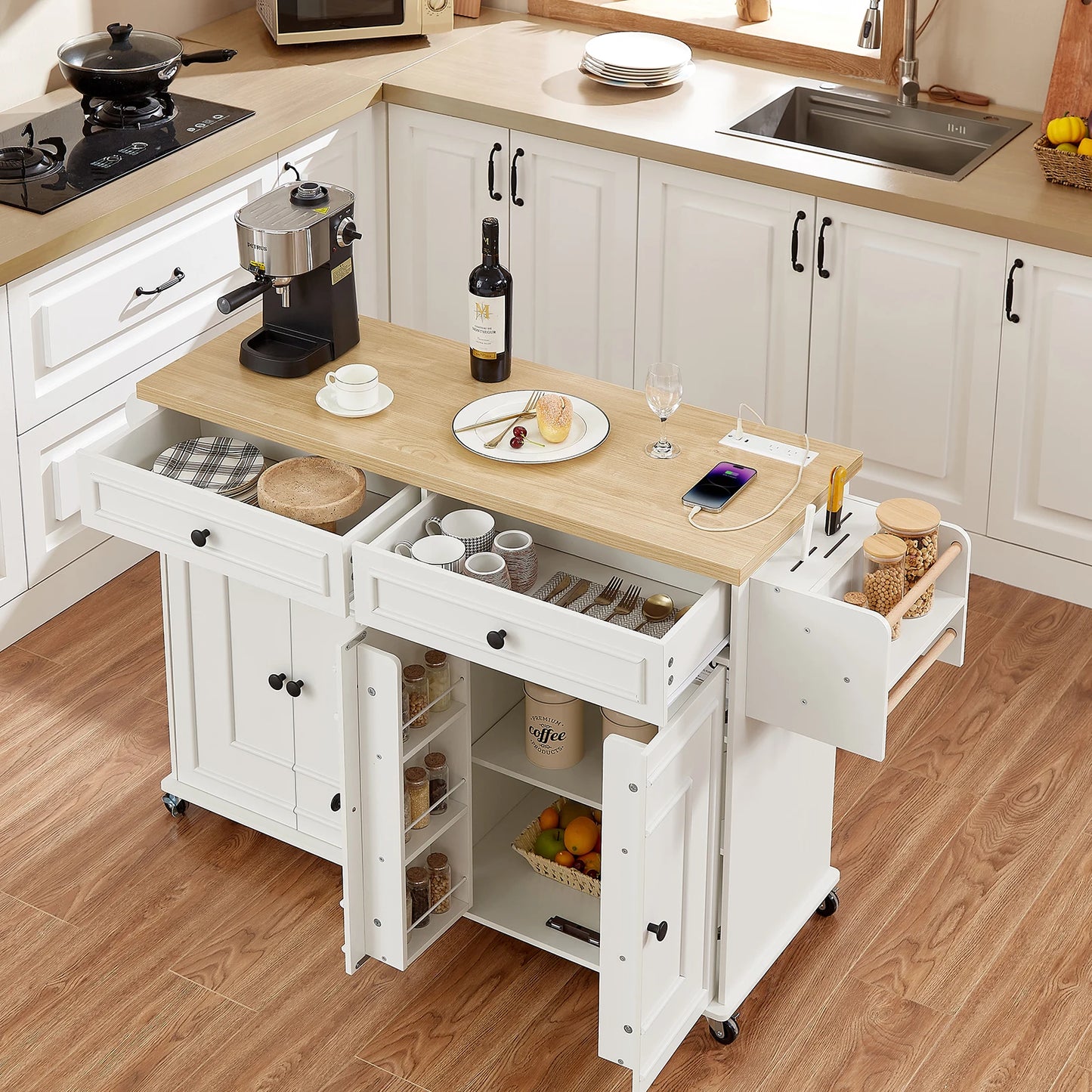 Mobile Kitchen Island with Spice Rack & Power Outlet