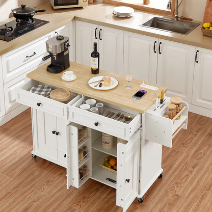 Mobile Kitchen Island with Spice Rack & Power Outlet