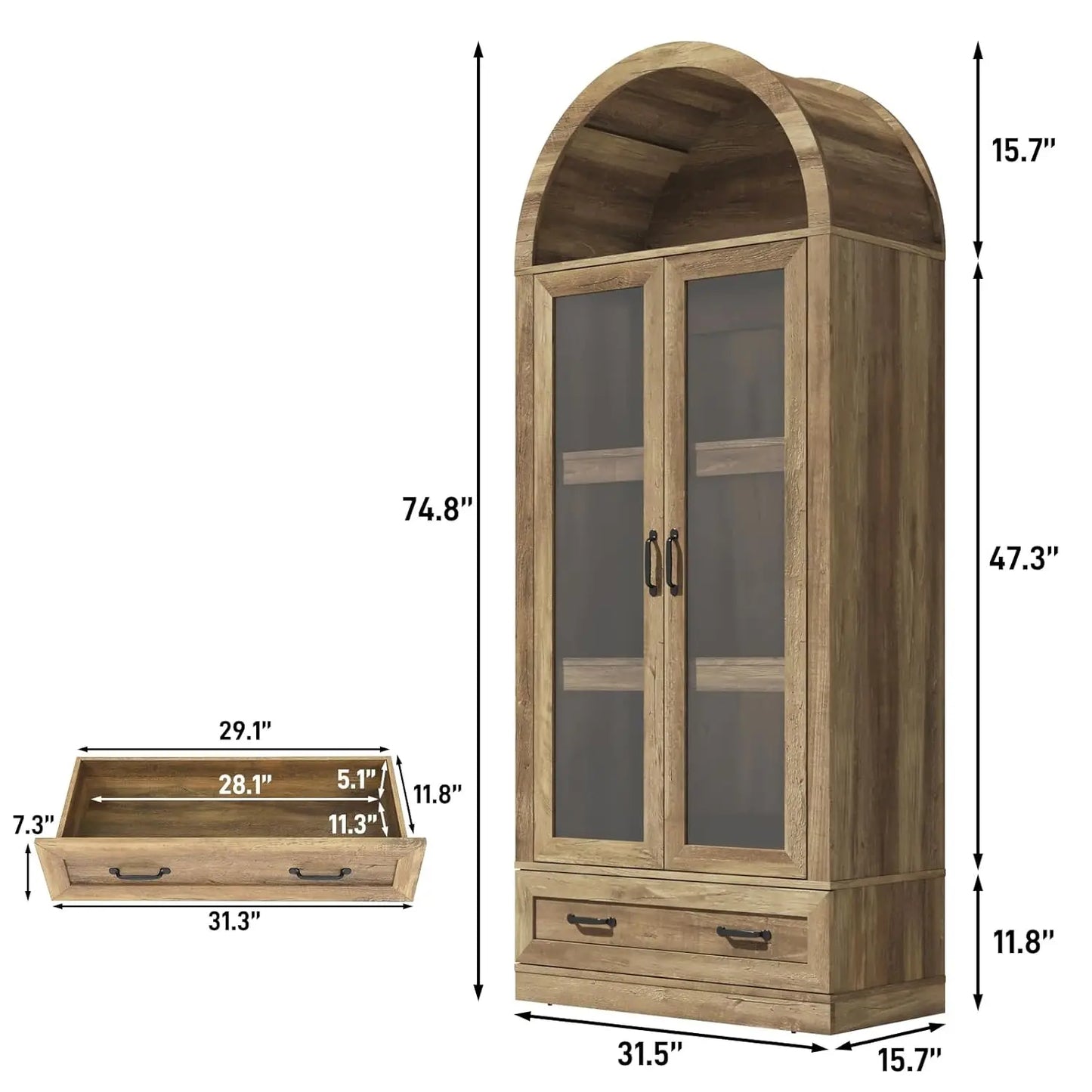 75" Tall, Arched Kitchen Pantry Cabinet with Glass Doors