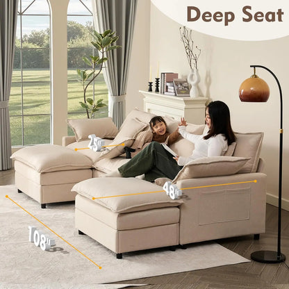 Sectional Linen Sofa with Movable Ottomans