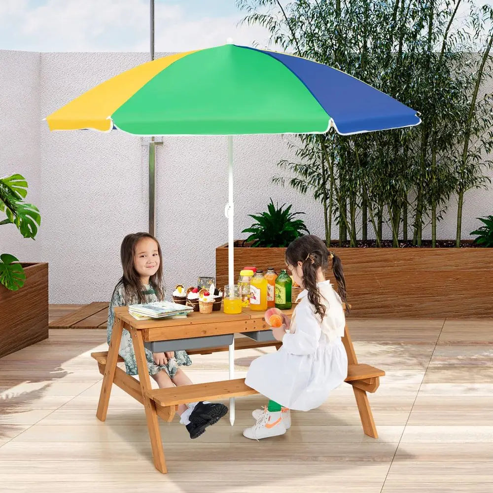 Kids Outdoor Wooden Picnic Table with Umbrella