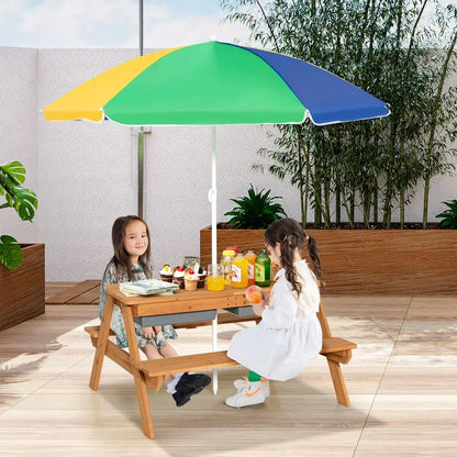 Kids Outdoor Wooden Picnic Table with Umbrella