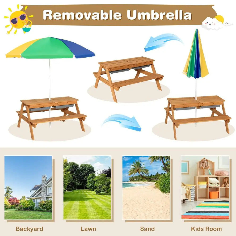 Kids Outdoor Wooden Picnic Table with Umbrella