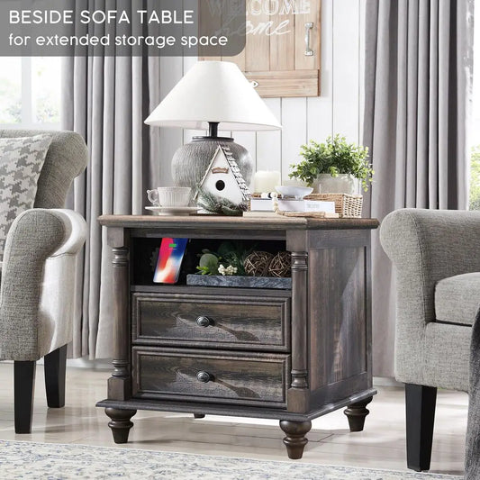 Farmhouse End Table with 4 Solid Wood Feet & Charging Station