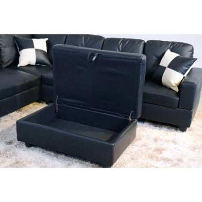 Black Leather Sectional Sofa Set with Ottoman