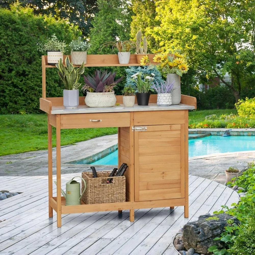 Outdoor Garden Potting Bench with Metal Tabletop