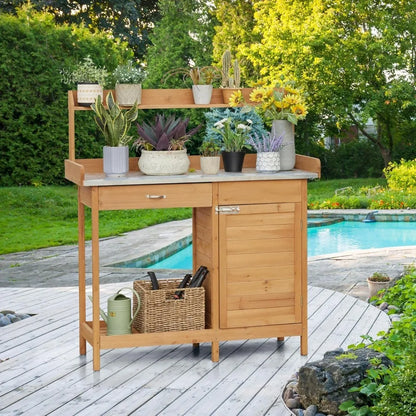 Outdoor Garden Potting Bench with Metal Tabletop