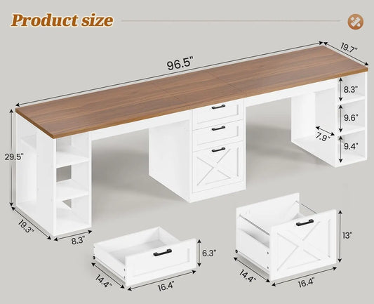 Farmhouse Home Office Desk with Drawers & Storage Shelves