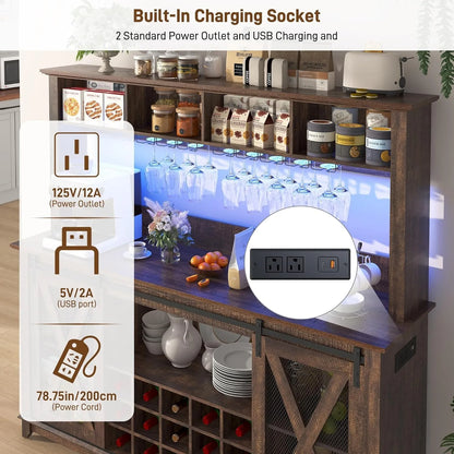 Farmhouse Coffee or Wine Buffet Cabinet with Power Outlet