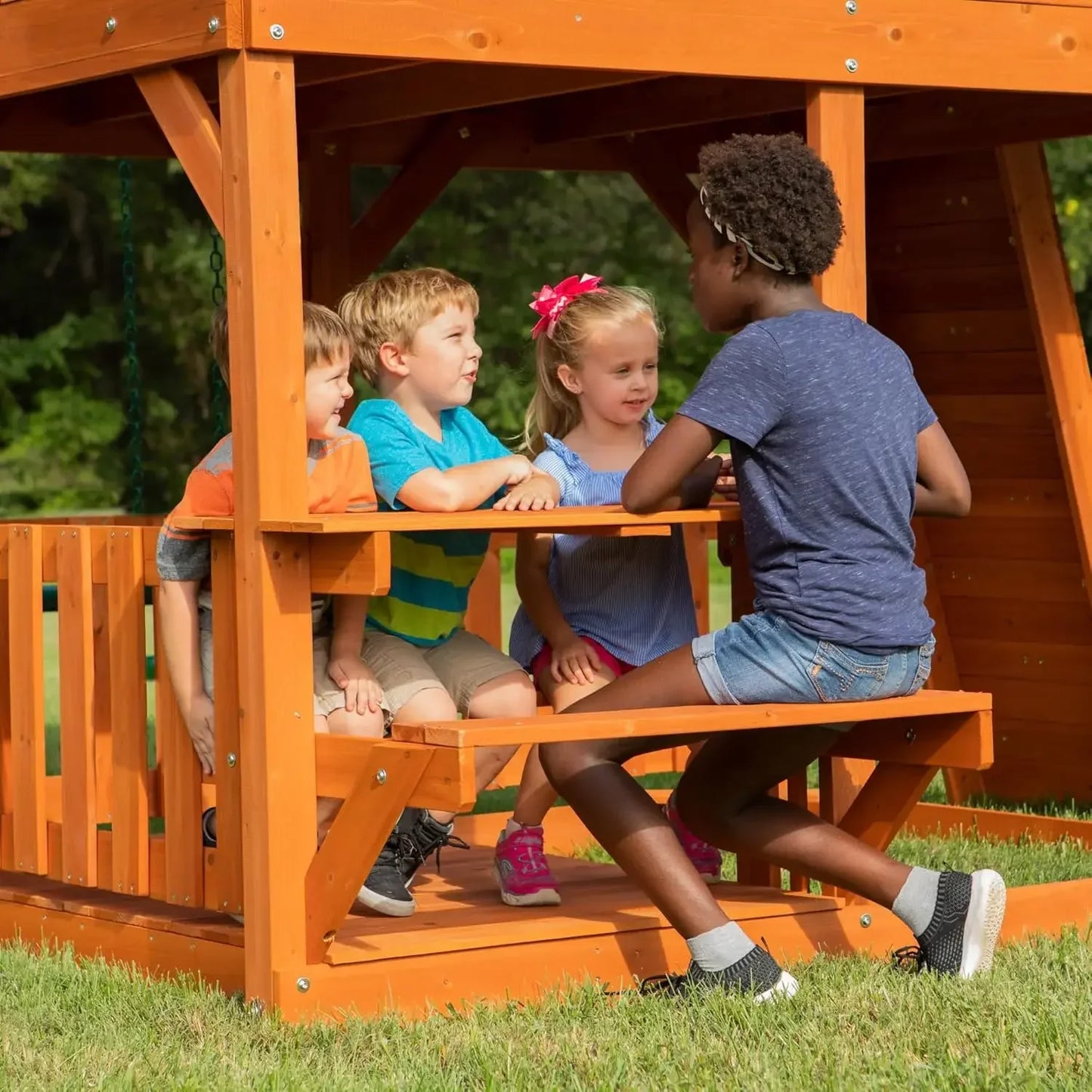 Wooden Clubhouse Fort with Swing Set & Slide