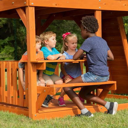 Wooden Clubhouse Fort with Swing Set & Slide