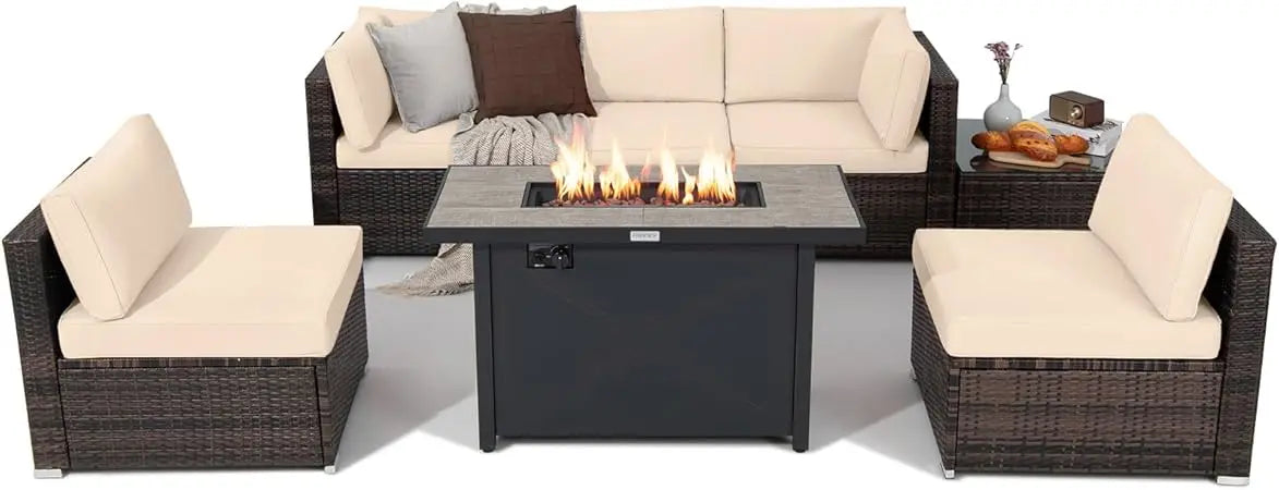 7 Piece Patio Furniture Set with Fire Pit Table