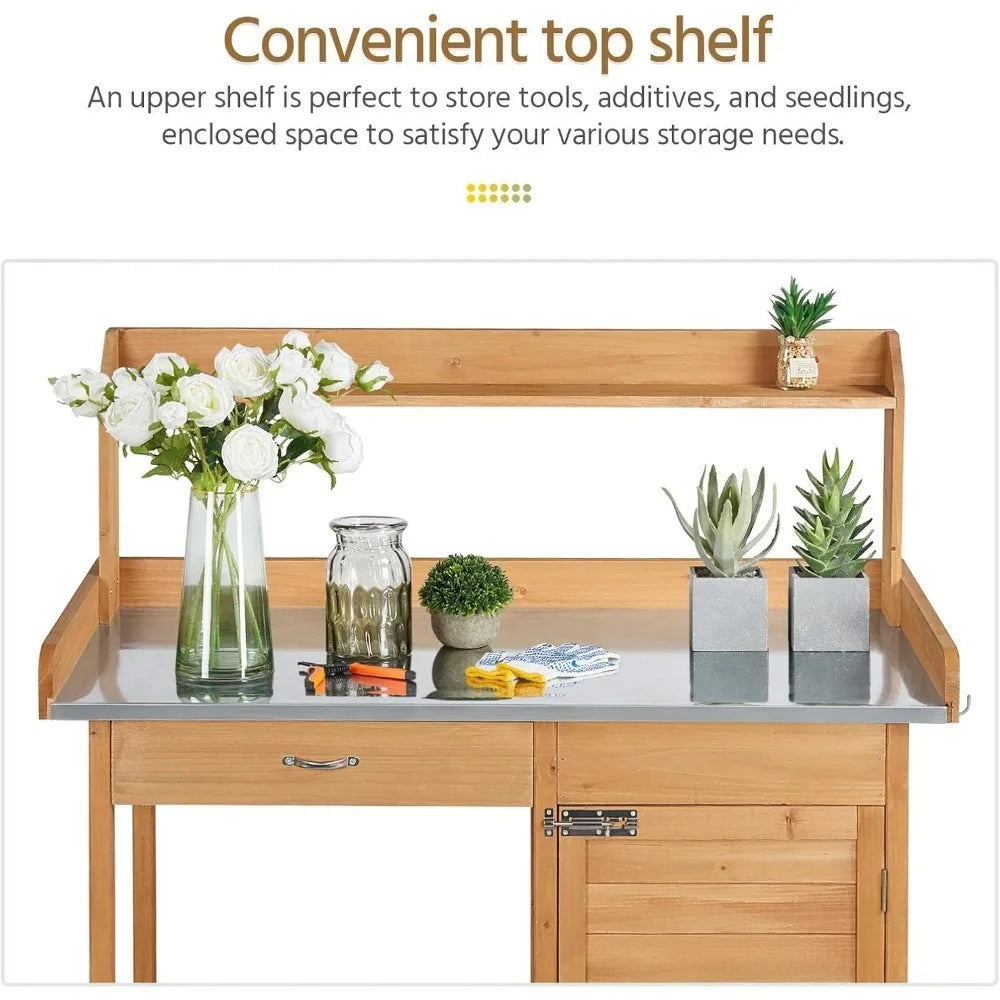 Outdoor Garden Potting Bench with Metal Tabletop