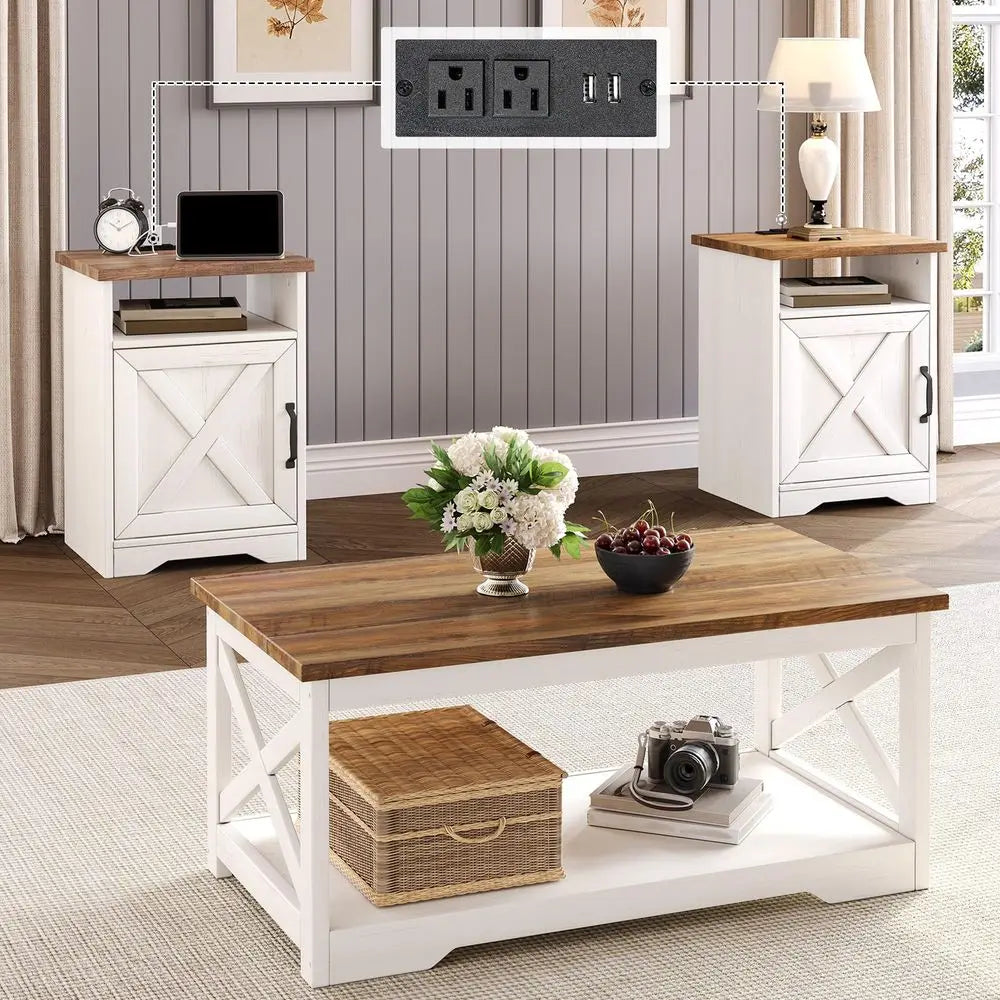 3-Piece, Farmhouse Coffee & End Tables Set with USB Ports