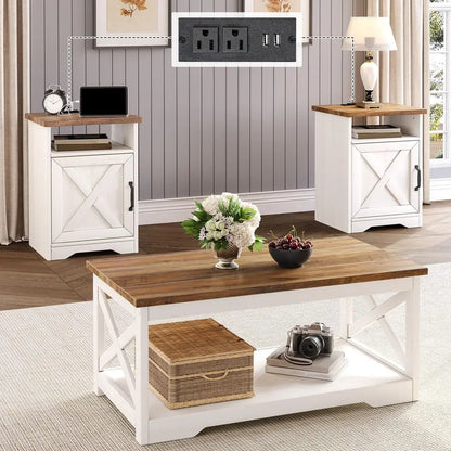 3-Piece, Farmhouse Coffee & End Tables Set with USB Ports