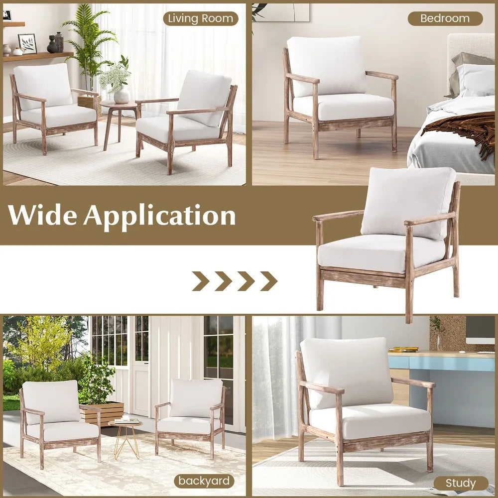 Set of 2, Wood Frame Accent Chairs with Cushions