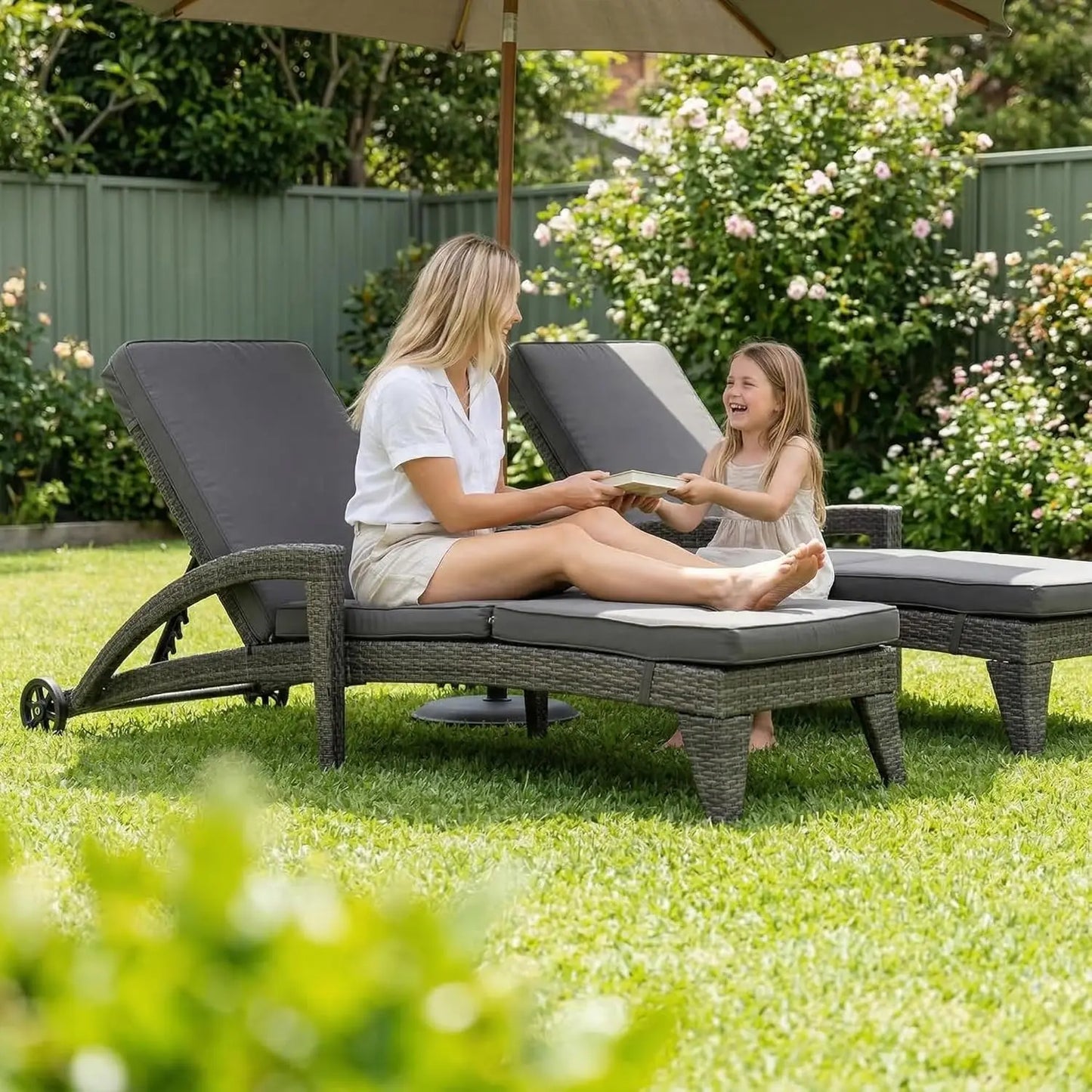 Set of 2 Upholstered Chaise Lounges with Wheels