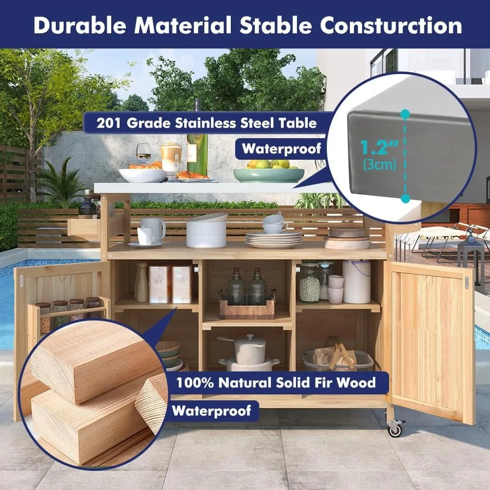 Outdoor Rolling Kitchen Island on Wheels with Storage Cabinet