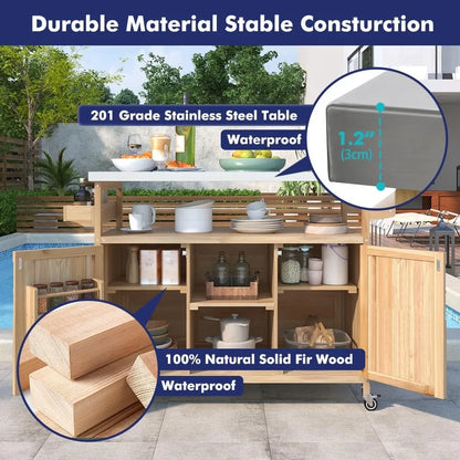 Outdoor Rolling Kitchen Island on Wheels with Storage Cabinet