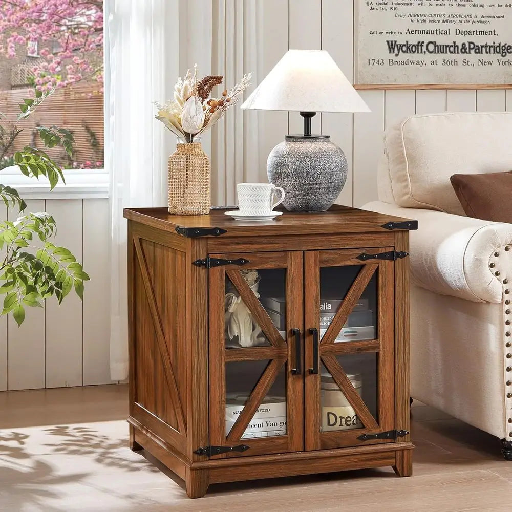 Set of 2 Farmhouse End Tables with Glass Doors