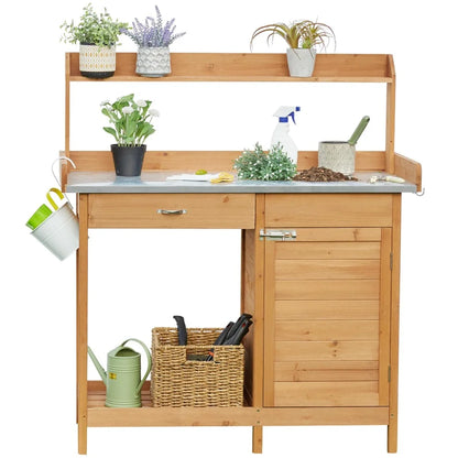 Outdoor Garden Potting Bench with Metal Tabletop