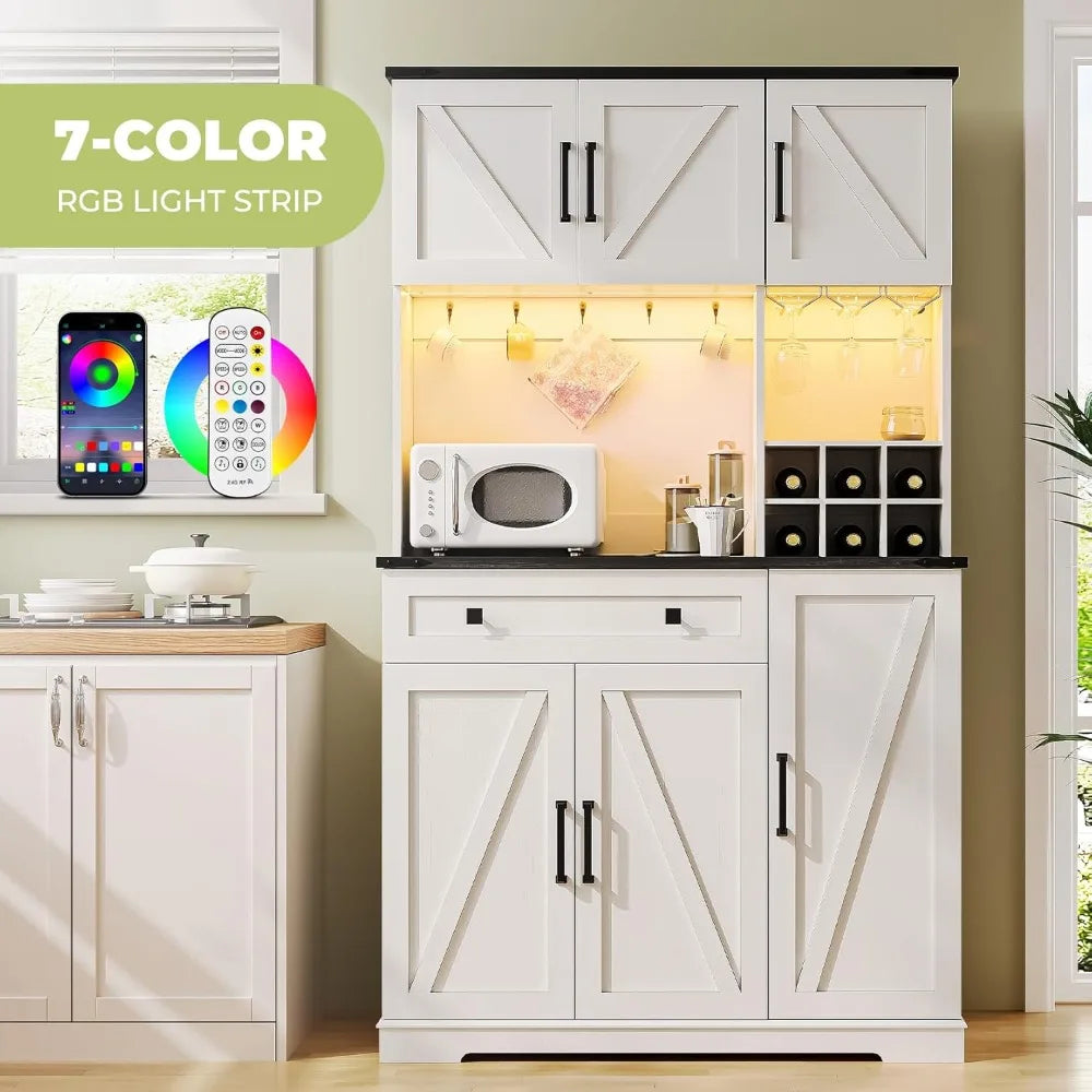 71" Tall Farmhouse Pantry Cabinet with Charging Station & LED Light