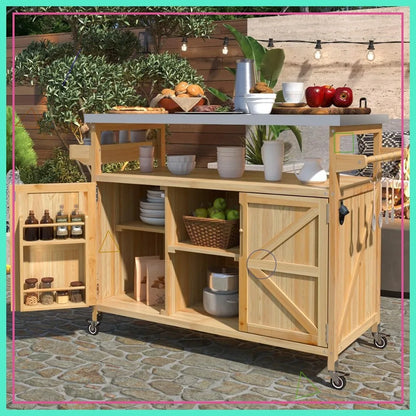 Outdoor Rolling Kitchen Island on Wheels with Storage Cabinet