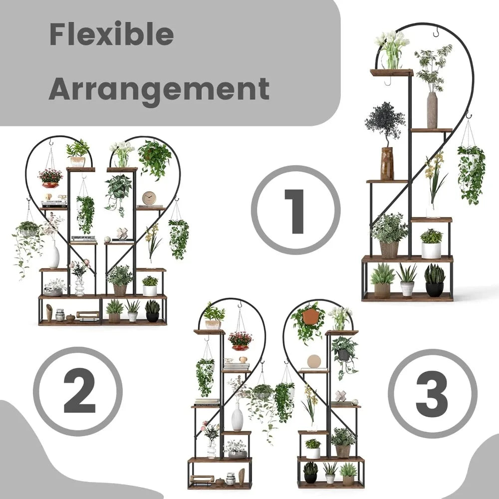 Tall Plant Stand Indoor, Metal Heart Shaped Plant Shelf for Plants Multiple with 6 Hanging Hooks & 12 Boards.