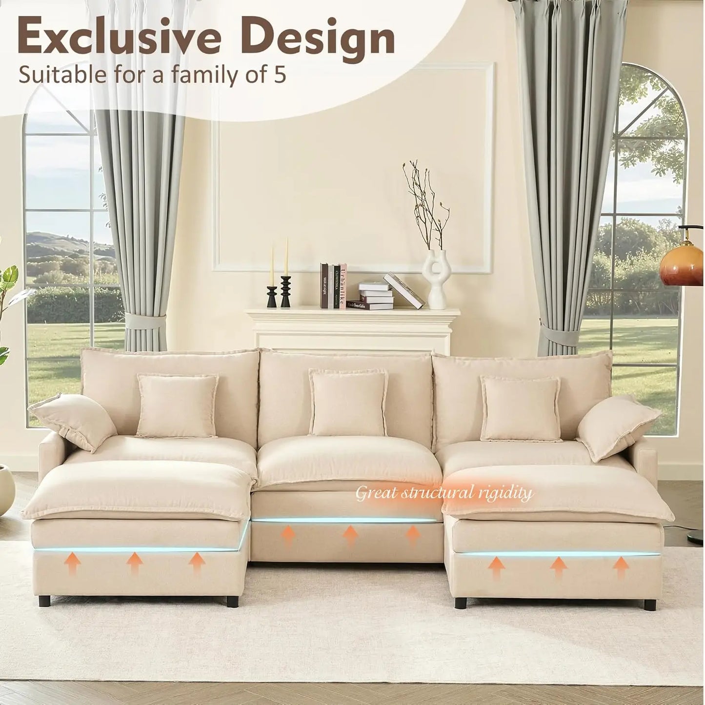 Sectional Linen Sofa with Movable Ottomans