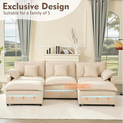 Sectional Linen Sofa with Movable Ottomans
