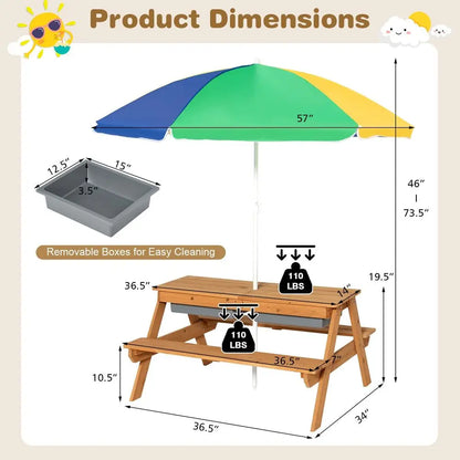 Kids Outdoor Wooden Picnic Table with Umbrella