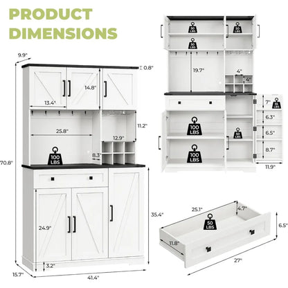 71" Tall Farmhouse Pantry Cabinet with Charging Station & LED Light