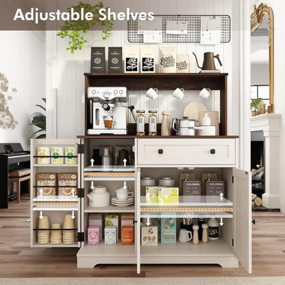 Farmhouse Coffee Bar Cabinet & Hutch with Charging Station