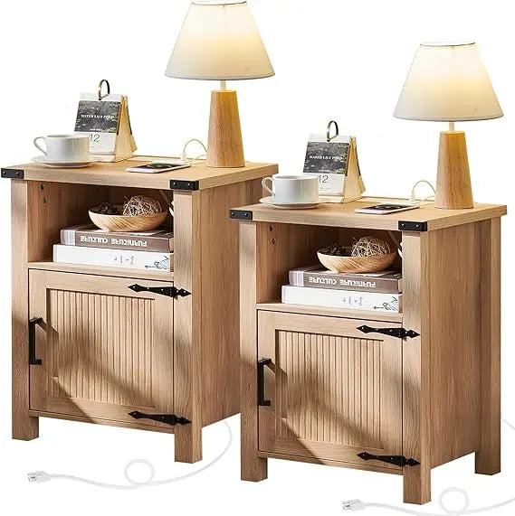 Set of 2 Farmhouse Night Stands or End Tables with Charging Station