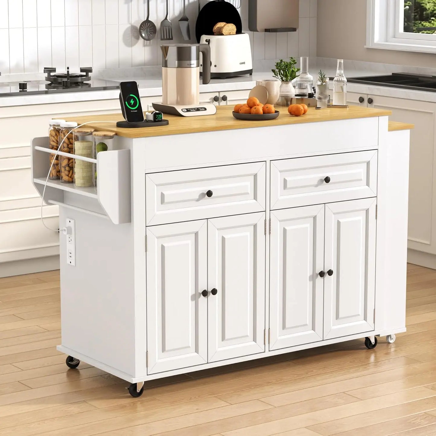 Extendable Kitchen Island with Dining Area & Power Outlet