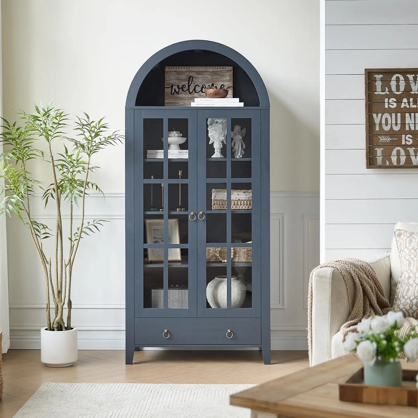 71” Tall, Arched Farmhouse Cabinet with Glass Doors