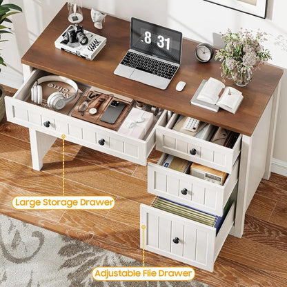 Farmhouse Home Office Desk with File Cabinet & 4 Drawers
