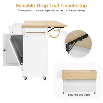 Mobile Kitchen Island with Trash Storage Cabinet & Power Outlet