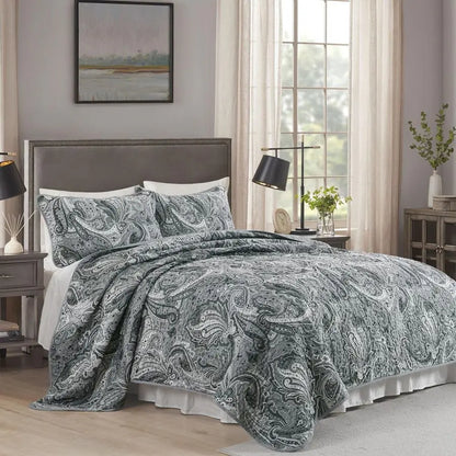 Dark Grey Paisley Quilt Bedding Set for King Size Bed